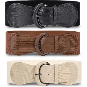 3- Women's Elastic Wide Dress Belts - PU Leather, Stretchy,  Waistband