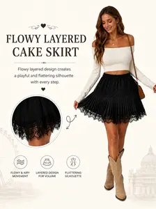 Women's Lace Mini Skirts Casual Low Waist Solid ColorLoose Fit Pleated Skirts Summer A-line Skirts