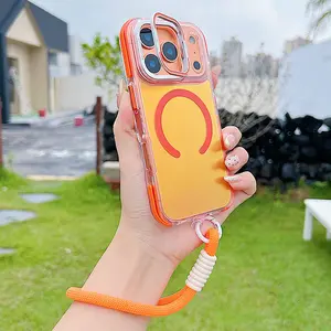 Chameleon magnetic matte texture flip cover lens five stand phone case+wrist strap, Protective, suitable for iPhone 17 17Air 16Pro Max 15 14Plus 13 12 11 Pro Max compatible with Magsafe wireless charging high transparency sand surface