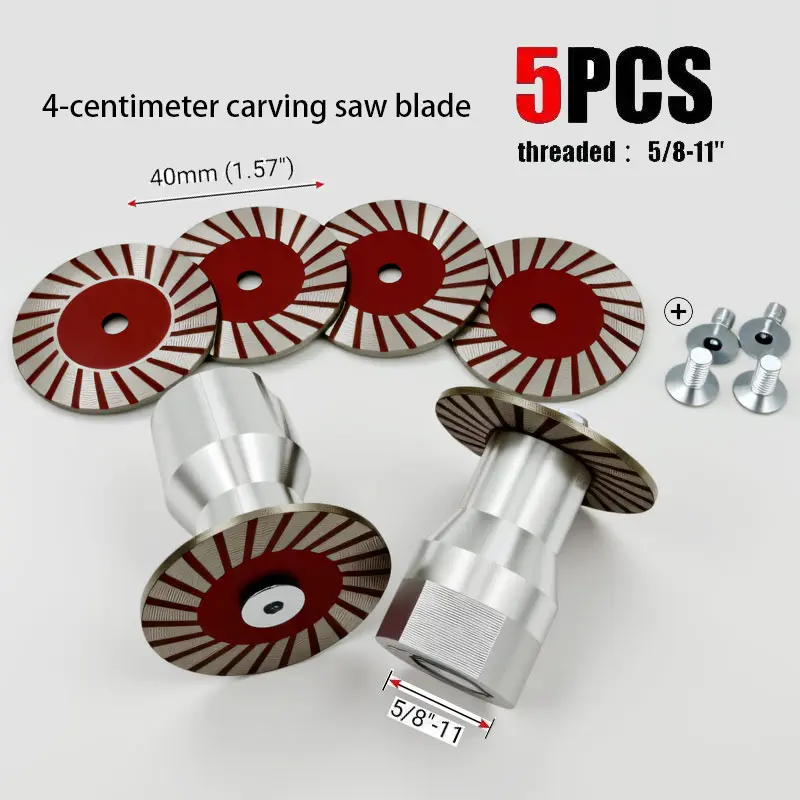 5-Pcs Premium Steel Diamond 40mm (Millimeters) Mini Saw Blade Set, 5/8"-11 Thread with Threaded Flange, Anti-Rust Coat for Angle Grinders, Fast Cutting/Carving, L-Wrench Bonus for Headstones & Marble/Concrete DIY Projects