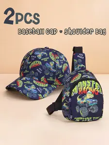2PCS Boys' Dinosaur Monster Truck Baseball Cap & Crossbody Bag Set, Cartoon Crocodile Design, Adventurous Adjustable, Suitable for Boys' Outdoor Sports, Spring & Summer Outdoor Activities & Back to School Wear, Ideal Gift for Son & Grandson