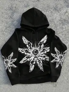 All-Seeing Eye & Wings Print Design, Men's Comfortable Fitted Long Sleeve Long Pullover Hoodie Sweatshirt with Adjustable Drawstring Hood, Stylish Casual Autumn/Winter Hoodie, Versatile for Campus & Streetwear