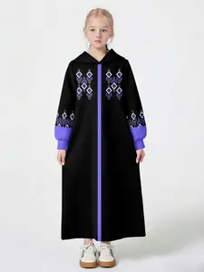 Elegant Hooded Abaya Dress for Girls, Long Asymmetrical Muslim Robe, Casual Loose-Fitting All Seasons Wear