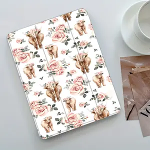 for iPad Mini/Air/Pro Case with Pencil Holder & Auto Wake/Sleep Cover - Cute Scottish Cow Clear Back, Compatible for iPad 10th/11th/9th/8th/7th/6th/5th Gen, Farm Animal Tablet Protective Cover (Birthday Gift for Women & Men)