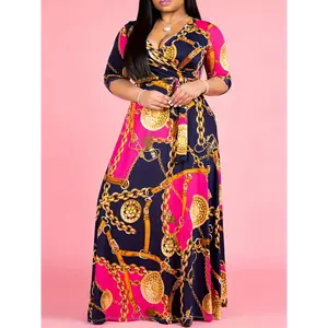 Women's Sexy Chain Print V-Neck Maxi Dress - Long Sleeve Belted Party Dress with Golden Accents, Stretchy Polyester Blend, Machine Washable, All-Season Wear Fabric Formal