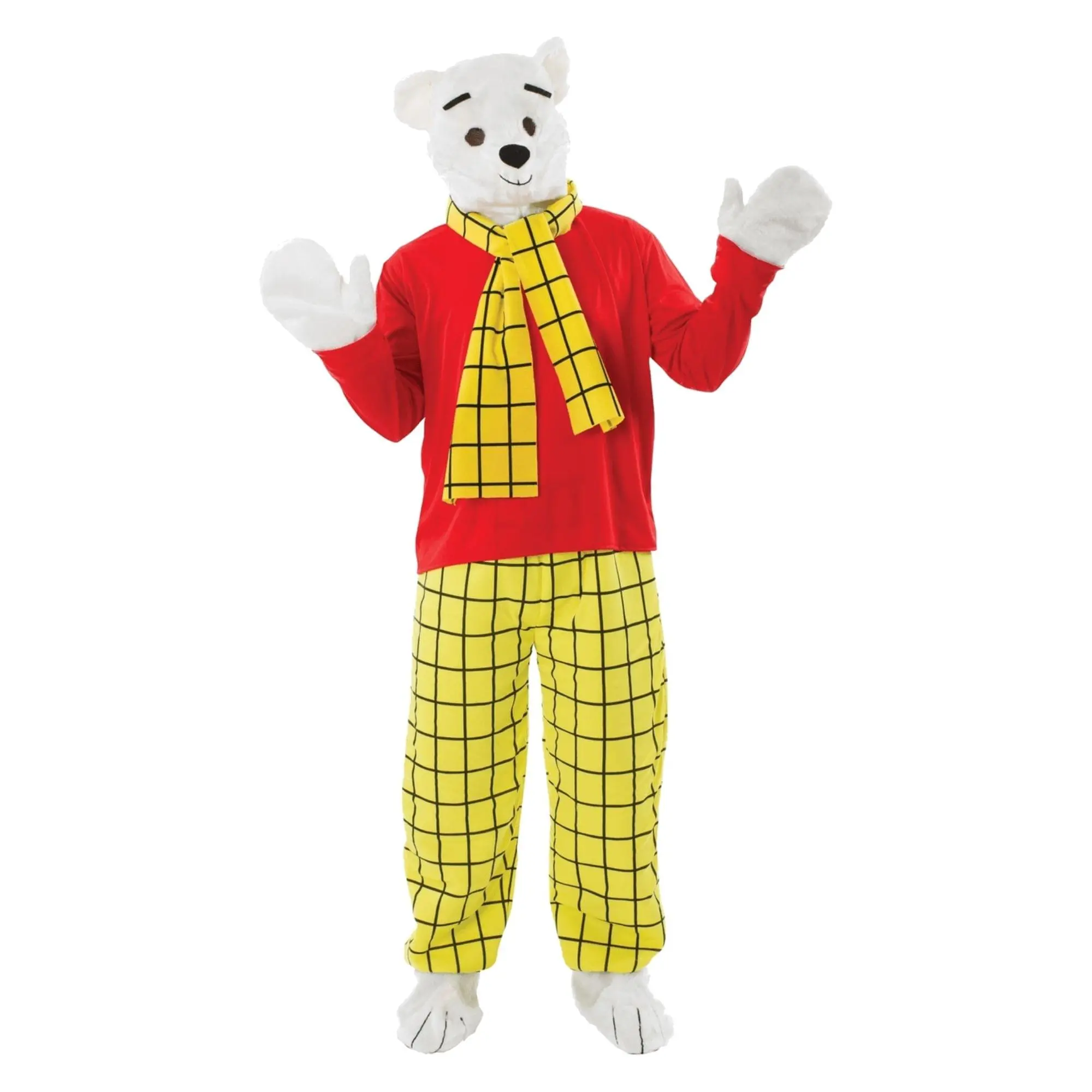 Men's Fancy Dress Bear Costume, Nostalgic 20s Style Outfit with Red Shirt, Yellow Check Trousers and Scarf for World Book Day, Menswear, Classic, Costume Ideas, Long Pants, Clothes, Full Set, Cartoon