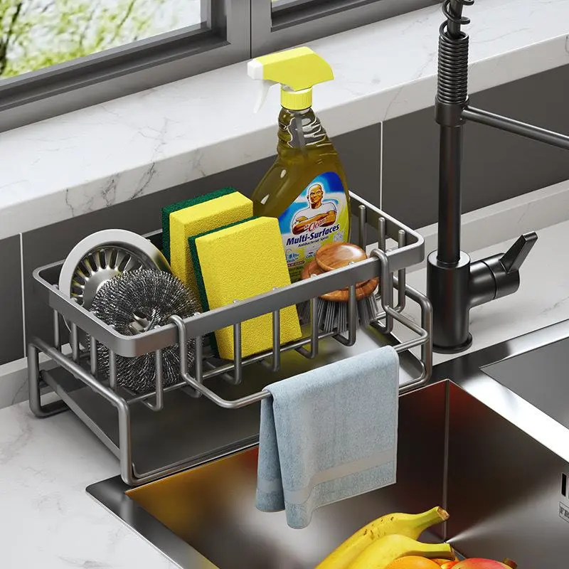 Kitchen Sink Caddy Organizer, Multifunctional Steel Dish Drainer & Drainage Rack, Hanging Waterproof Holder for Sponge, Dish Brush and Kitchen Accessories