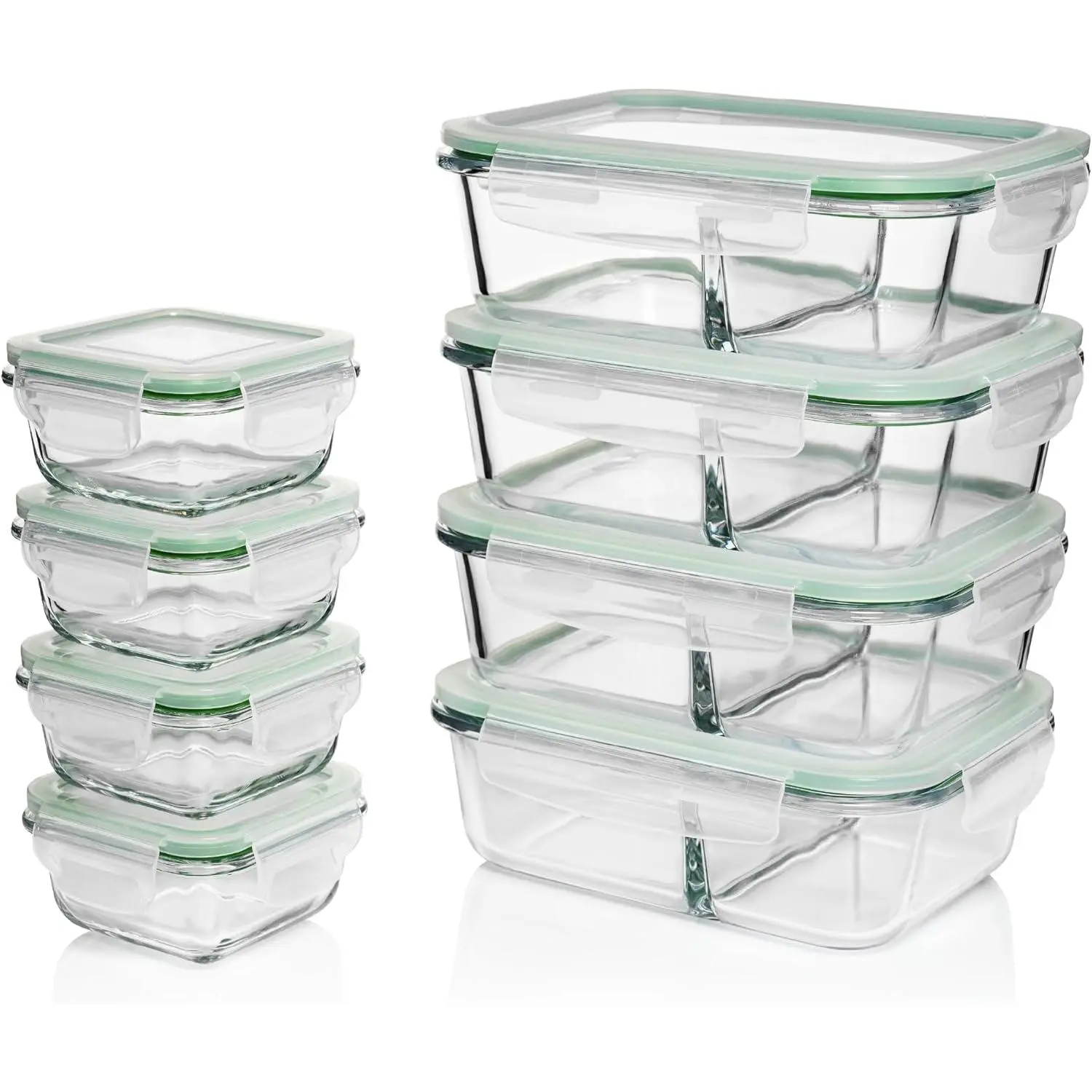 Glass Meal Prep Containers with Lids [8 Pack, 33 oz & 4.5 oz] - 2 Compartment Divided Glass Bento Boxes for Adults, Oven Safe & Airtight