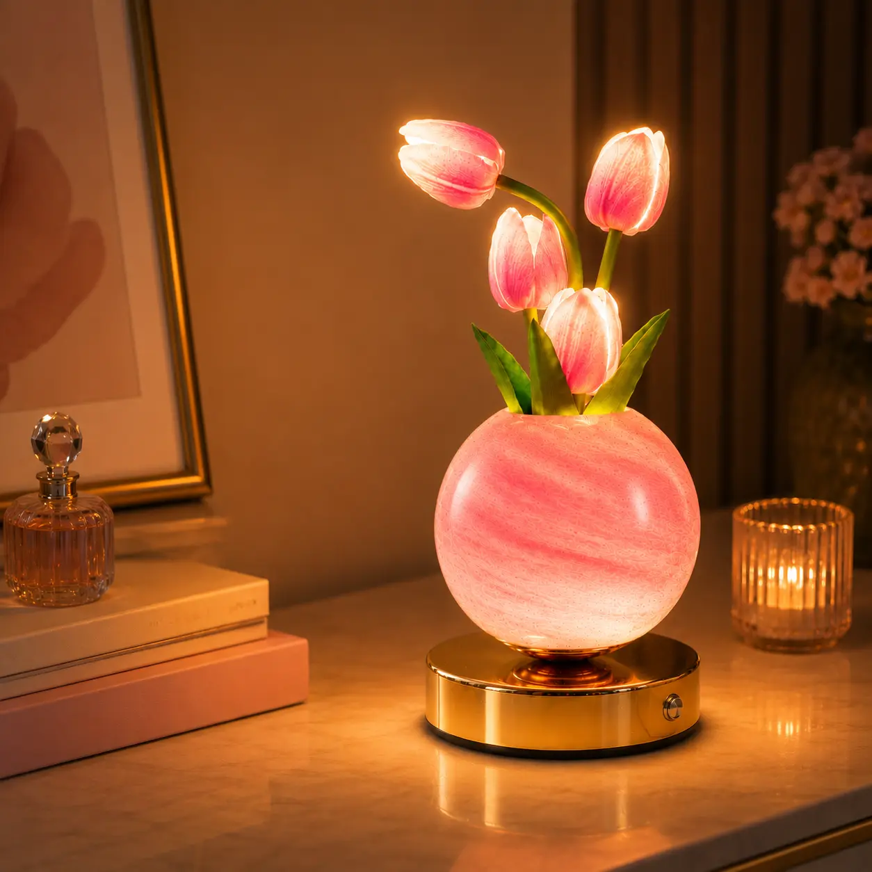 Pink Tulip Flower Lamp, Rechargeable Cordless Bedside Night Light with 3 Lighting Colors, Decorative Floral Table Lamp for Bedroom, Nightstand, Desk, Living Room, Romantic Gift for Her, Birthday and Holiday Decor