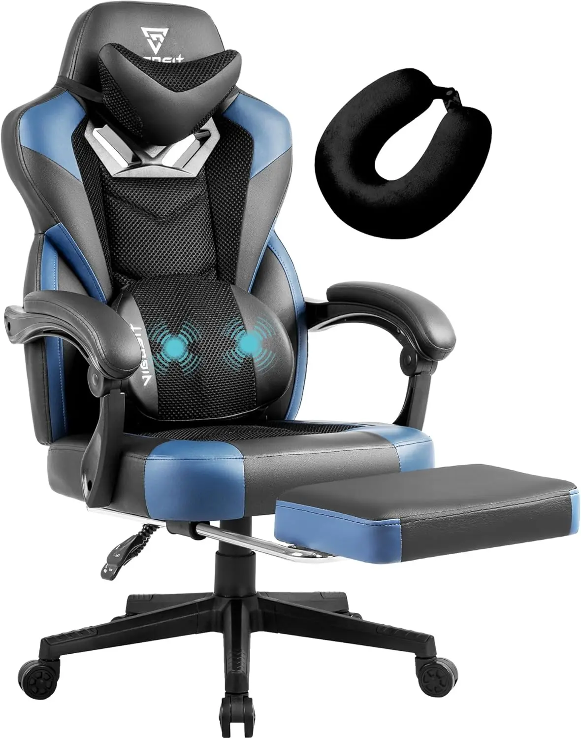 Gaming Chair PRO, Ergonomic Gaming Chairs for Adults Heavy People, Massage Office Desk Computer Chair with Footrest and Lumbar Support, Big Tall Mesh Gamer Chair with Cushion (Black Blue)