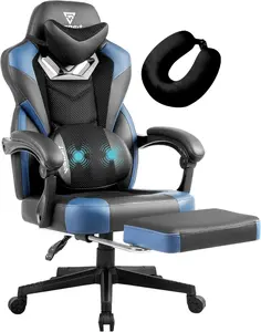 Gaming Chair PRO, Ergonomic Gaming Chairs for Adults Heavy People, Massage Office Desk Computer Chair with Footrest and Lumbar Support, Big Tall Mesh Gamer Chair with Cushion (Black Blue)