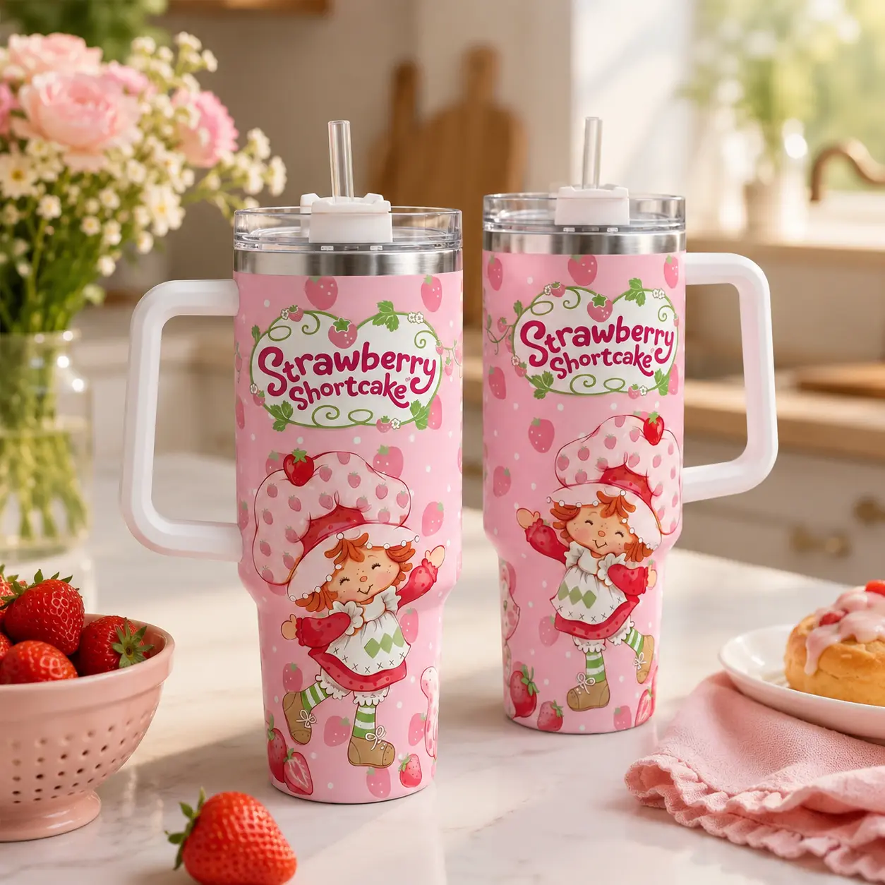 Strawberry Shortcake Inspired Tumbler, Cute Pink Retro 20-40oz Stainless Steel Cup With Black Handle, Double-Wall Insulated Travel Mug, Gift for Your Health