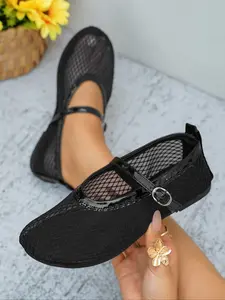 Mesh Mary Jane Women's Shoes, Breathable Sweet Vintage Style, Casual Flat Heel Slip-Ons with Buckle Decoration, Summer Textile Upper