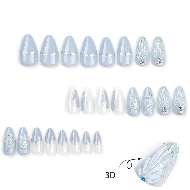 Long Press on Nail - Almond Fake Nails with 3D Design Blue Nails Glossy Full Cover Nails for Women 24 PCS