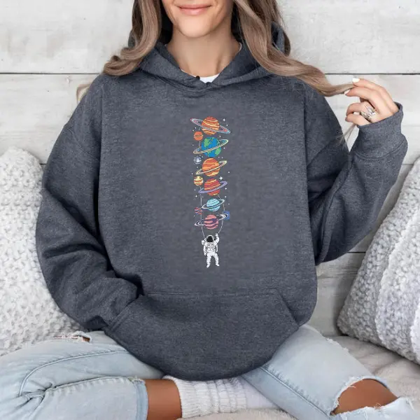 "Astronaut Stacking Planets" Hoodie Unisex - Space Lover Gift, Cute Graphic Design, 100% Cotton Comfort