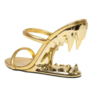 Avant-Garde Beast Teeth Sculptural Heel Sandals with Dual Thin Straps, Open Square Toe, Metallic Glossy Finish, Slip-On Slide Sandals – Available in Multiple Colorway Options