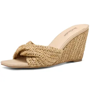 ReneChristine Women's Wedges Slippers Fabric Heels Slip on Comfy Evening Dress Sandals Square Toe Shoes for Women 3.3" Heels Black Breathable Summer Spring Girl Natural Footwear Design slippers women 90s vintage men clothing