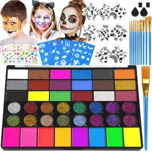 Professional Face Painting Kit for Kids 42 Color Water Activated Makeup with Stencils Gems Brushes for Halloween Parties Carnival School Event Festivals Non-Toxic Gentle Formula Coverage