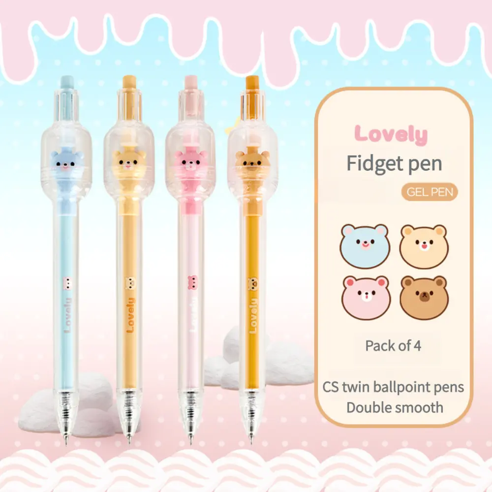 4-Pack Minimalist Style Bear-Themed Swivel Gel Pens - Transparent Barrels, Quick-Dry Black Ink, Smooth Writing, No Smudging, Uninterrupted Flow, Large-Capacity Modern Minimalist Stationery for DIY Writers & Office Recording