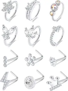 12 Pcs Nose Rings Earrings, L-Shaped Zircon Butterfly Flower Moon Crown Heart Lightning Nose Studs, Unisex Silver 20g Piercing Jewelry