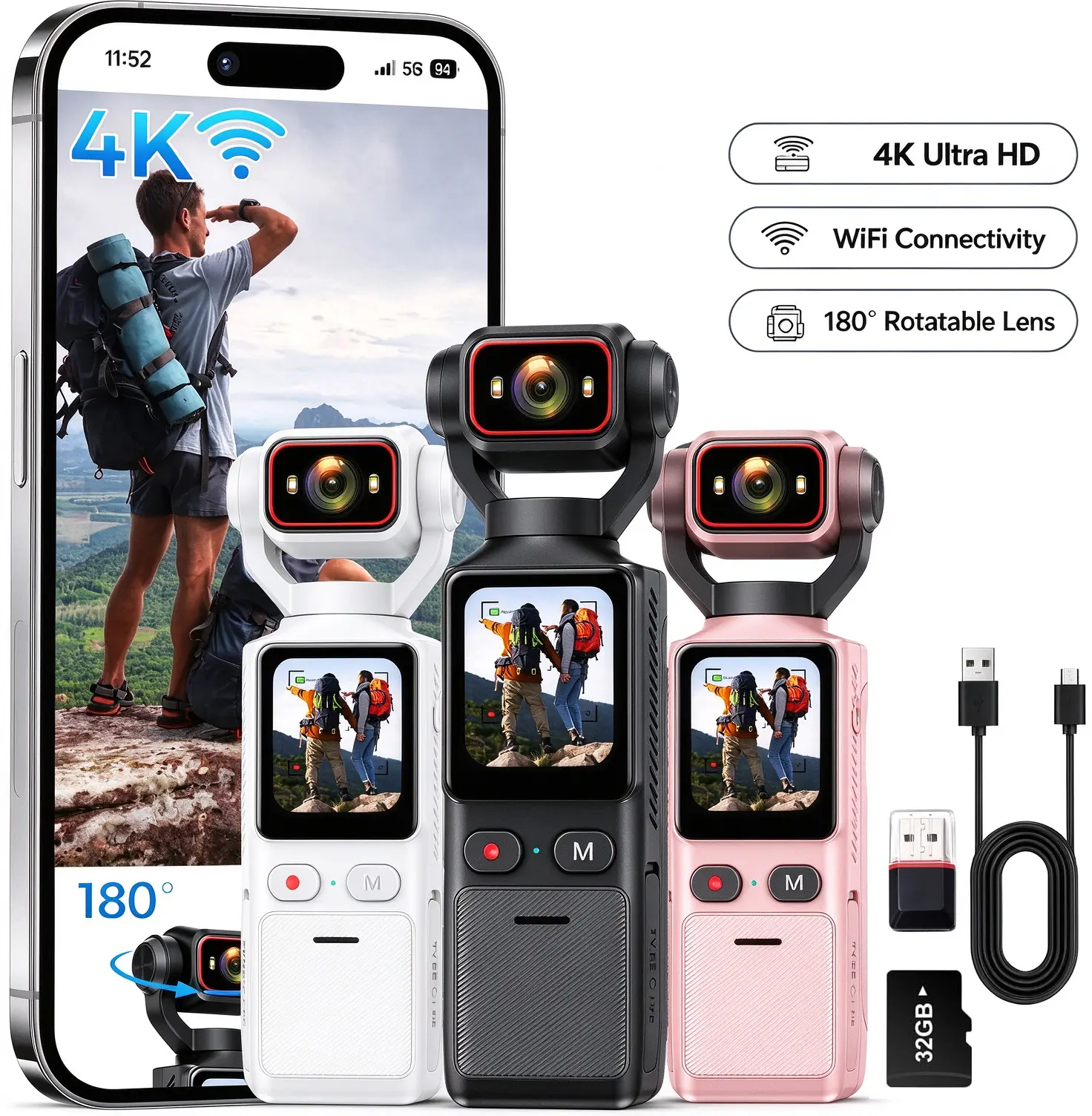 4K Handheld Vlogging Camera, WiFi Pocket Action Camcorder with Anti-Shake, 180° Rotatable Lens, 32GB SD Card Included, Portable Video Camera for Travel, Sport, YouTube Vlogging