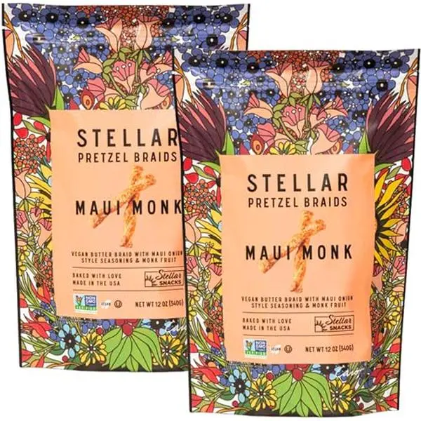 Stellar Snacks Pretzel Braids, Maui Monk, 12 Oz Large Bags (Pack of 2) - Vegan, Kosher, Non-GMO, Rods, Twists, Sticks