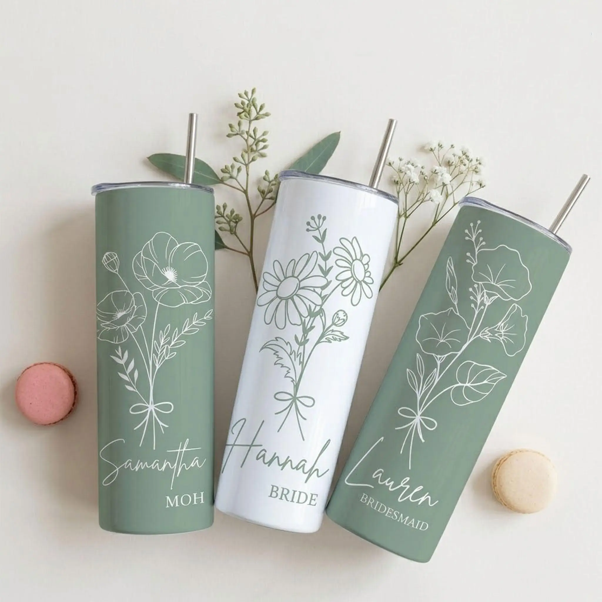 BojjiCo Customized Flower Print Stainless Steel Skinny Tumbler - Plastic-Free Portable Insulated Reusable Water Bottle for Women, Bridesmaid Proposals/Mother’s Day Gift, Minimalist Boho Sage Green/White Drinkware with Metal Straw Lid