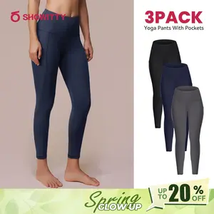 SHOWITTY Women's High Waisted Tummy Control 1/3 Pack Leggings with Pockets – Non See-through Stretchy Yoga Pants for Workout