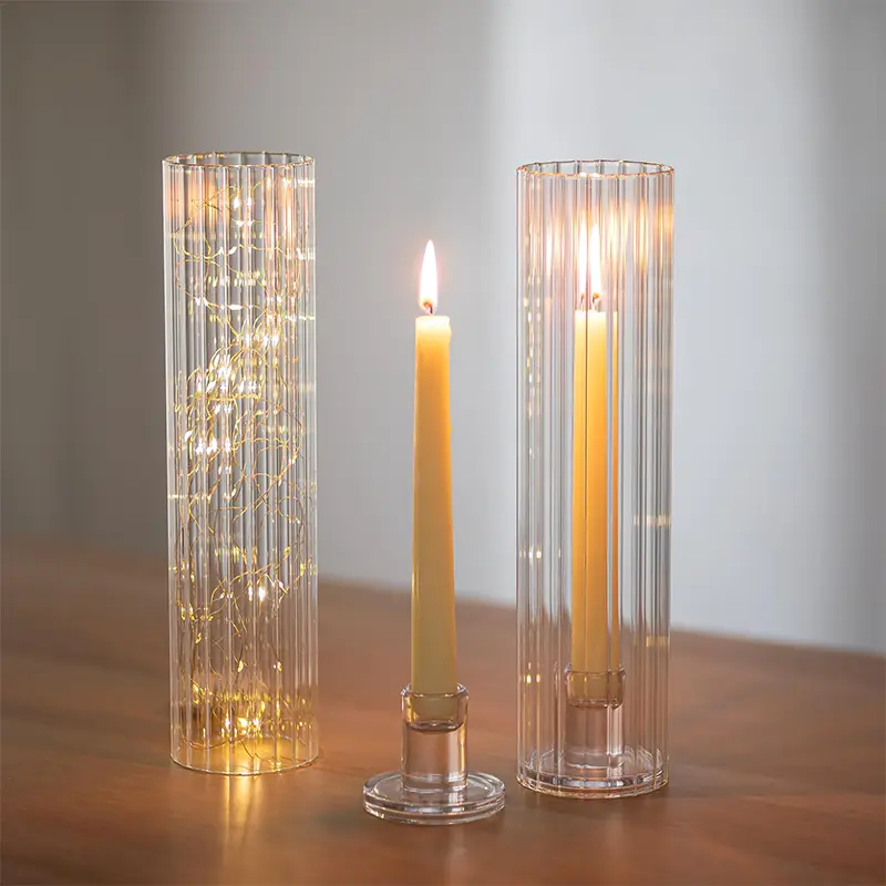 Set of 2 or 6 vertical ribbed windproof glass candle holders; tall prism-style candle holders for wedding tables, holidays, and home decor