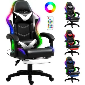 Gaming Chair, Racing Style RGB LED Lights Gaming Chairs for Adults and Kids, Lumbar Massager Gamer Chair, High Back Reclining Computer Chair with Footrest and Headrest (Black/White)