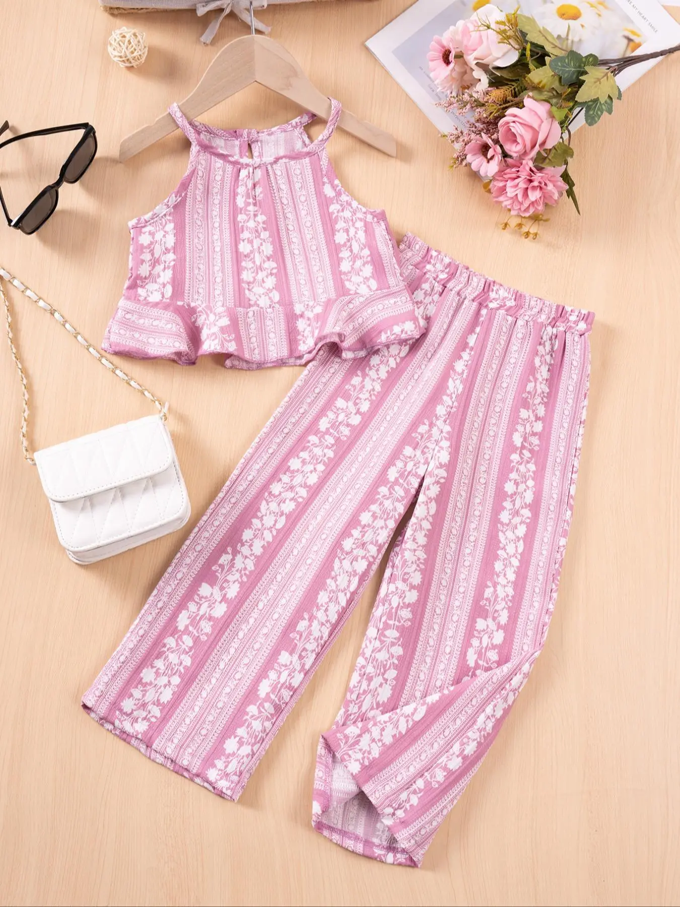 Two-Piece Set Toddler Girl's Ditsy Floral Print Ruffle Trim Crop Tank Top & Wide Leg Pants Set, Elegant Fashion Casual for Daily Outdoor Wear, Toddler