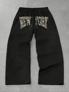 Men's Casual Sporty Long Pants, Camo Sweatpants, Camo Letter New York Print, Drawstring Wide Leg, All Season Loose Fit Men's Clothing