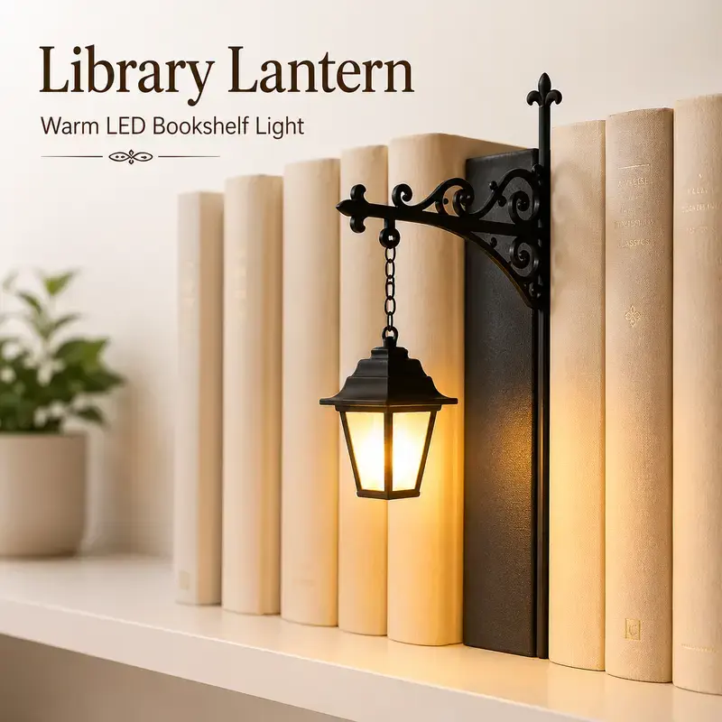 Miniature Bookshelf Lantern Light, Hanging Shelf Lamp with Fixed Warm LED Glow, Cozy Reading Nook and Halloween Decor for Book Lovers