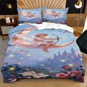 Cupid Pattern Printed Soft Durable Bedding Set, Includes 1 Fitted Sheet and 1 or 2 Pillowcases, Excluding the core and pillow core, Perfect Valentine's Day Gift