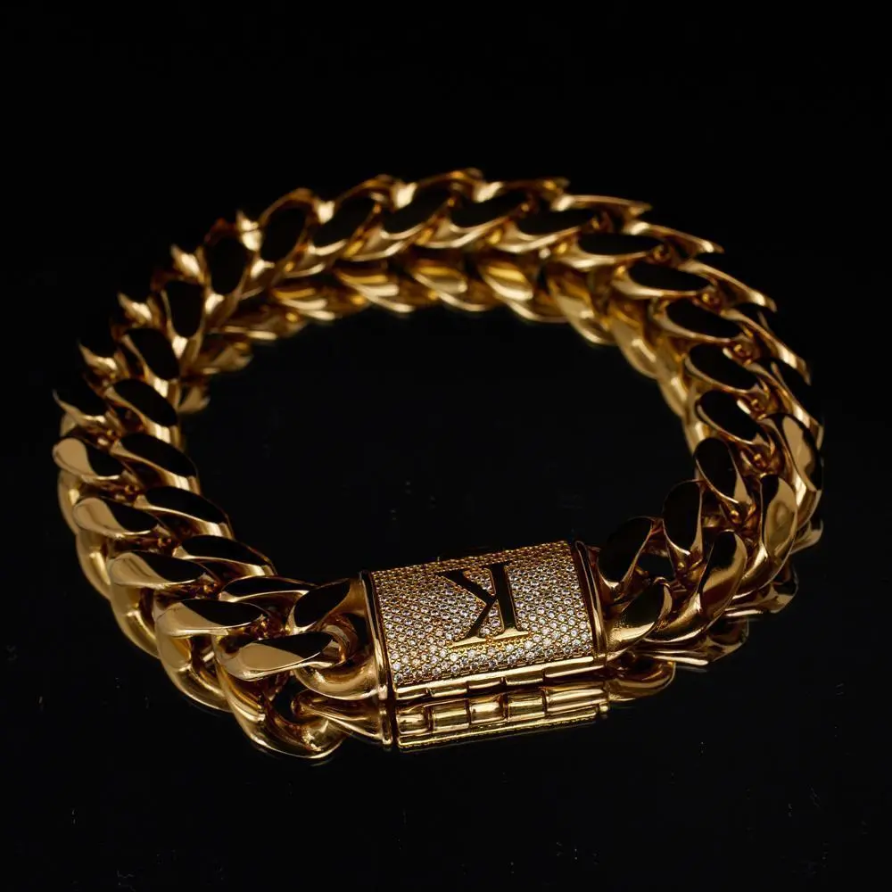 18K Gold Plated Stainless Steel Miami Cuban Link Chain Bracelet with Copper Letter A-Z Flip Clasp for Men & Women Daily Wear Casual Fashion Gift Idea