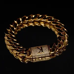 18K Gold Plated Stainless Steel Miami Cuban Link Chain Bracelet with Copper Letter A-Z Flip Clasp for Men & Women Daily Wear Casual Fashion Gift Idea