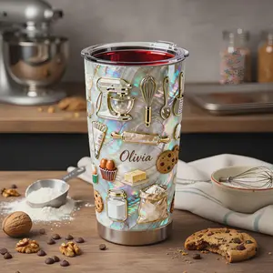 Personalized Olivia Baking Mother of Pearl 2D Printed 3D Effect 20oz Tumbler, Baker Gift Travel Cup with Mixer Whisks Cookies Design, Custom Name Required, Leave Name in Order Notes at Checkout