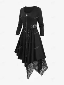 Rgothic gothic vintage Zip Up Ruffle Trim Grommets Buckles Floral Lace Asymmetrical Coat for Casual Daily Wear in Polyester winter new slim fit cute basic y2k fall fashion long sleeve a-line midi dress shirt jack winter dresses women baggy clothing