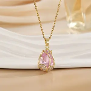 Elegant Pink Tulip Pendant Necklace for Women - Chic Tulip Design with Golden-Tone Chain, Ideal for Casual Attire, Summer Jewelry|Elegant Necklace|Durable Chain, Tulip Jewelry day collar women chain chains for men cross necklace