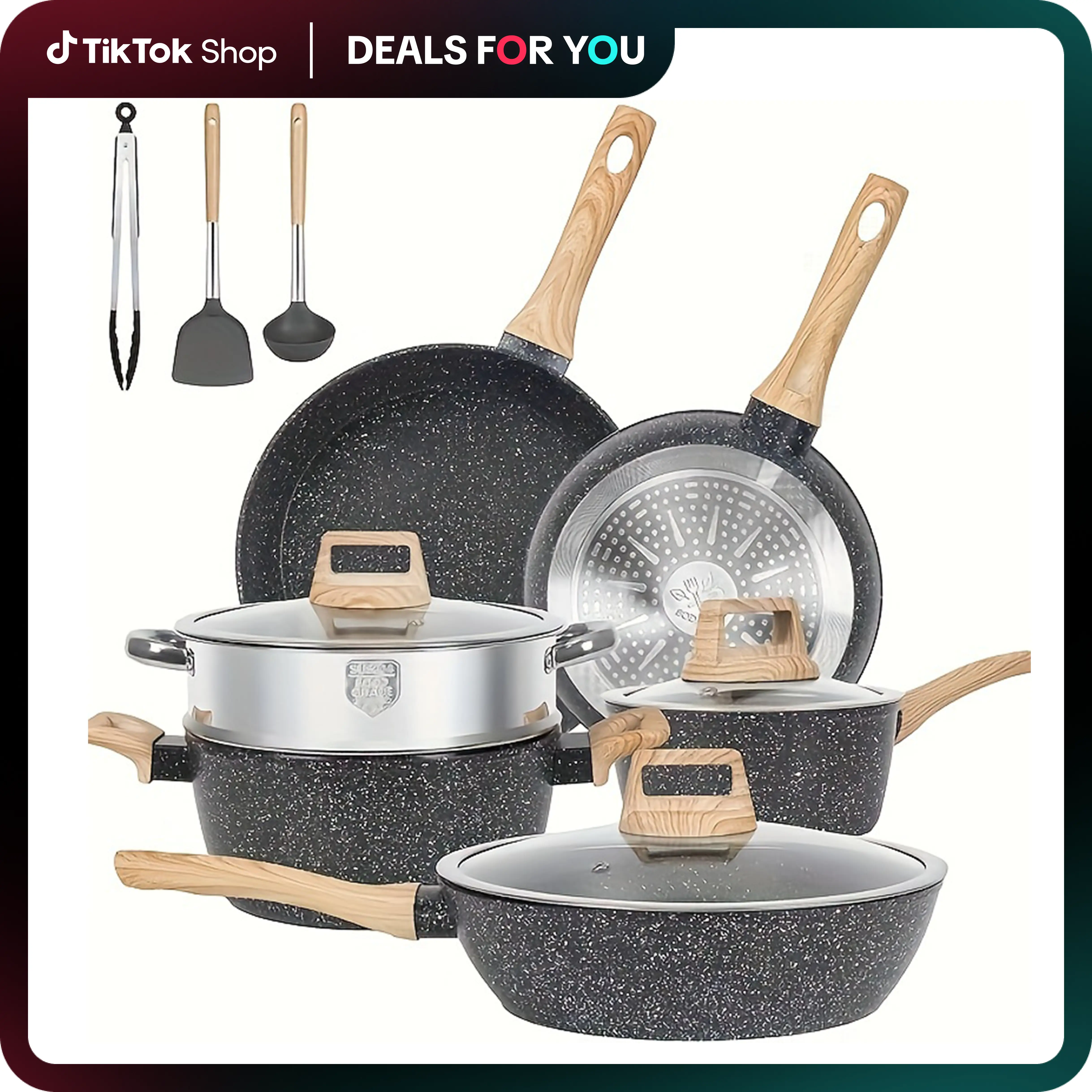 SODAY 17pcs Pots and Pans Set Non Stick Kitchen Cookware Sets Induction Cookware Nonstick Granite Cooking Set with Frying Pans, Saucepans, Steamer, Fa