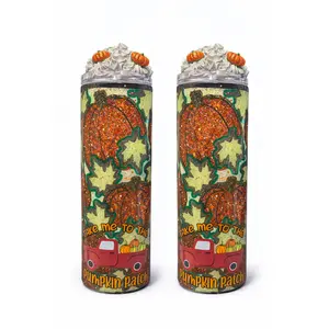 Pumpkin Patch 20oz Skinny Glitter Tumbler with 3D Whipped Cream Lid – Fall Pumpkin Stainless Steel Epoxy Cup