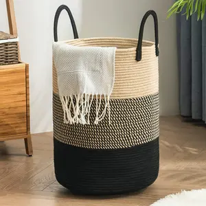 Woven Rope Laundry Hamper Basket, 72L Tall Luandry Basket,   Hamper for Blanket Storage, Clothes Hamper for Laundry in Bedroom-Large-Black & Brown