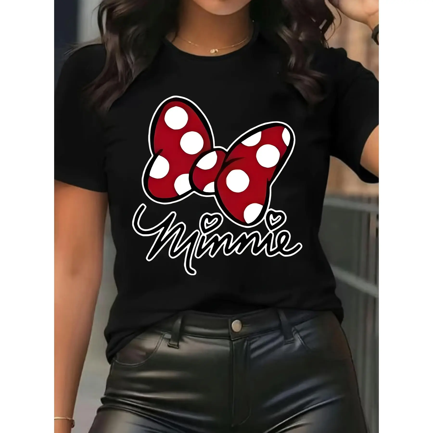 Minnie-style Red Polka Dot Bow and Handwritten "Minnie" Pattern Summer New Women's T-shirt Short Sleeve Top Casual Fashion Printed T-shirt for Women Elegant Women's Clothing