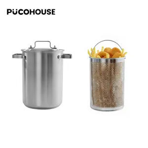 4.3L Double-Handle Deepened Deep Fryer, Deep Fryer with Basket and Lid,  304 Food-Grade Stainless Steel, Multi-Stove Compatible, For French Fries Shrimp Chicken Wings/Holiday Gatherings