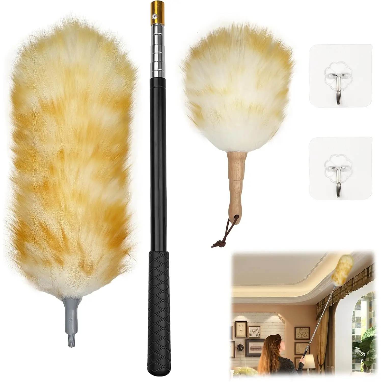 Lambswool Duster Set - 2 Wool Dusting Brushes (Large, Small), 1 Extensible Telescoping Handle (Up to 185cm, Handle Shape), 2 Hooks, Home Cleaning Kit for Ceilings/Furnish High Spots