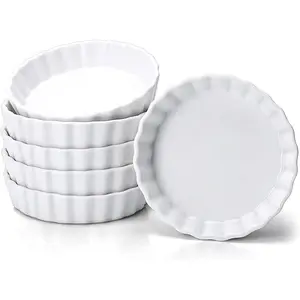 8 Oz Creme Brulee Ramekins, Porcelain Ramekins Oven Safe, Round Tart Pan Mini Fluted Quiche Dishes, Set of 6, White