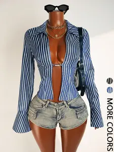 Women's Deep V Neck Striped Shirt, Slim-Fit Body-Conscious Design, Showcases Alluring Figure, Stylish Casual Wear for Women