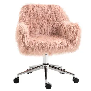 【GOOGREAT】Vinsetto Faux Fur Desk Chair, Swivel Vanity Chair with Adjustable Height and Wheels for Office, Bedroom, Pink