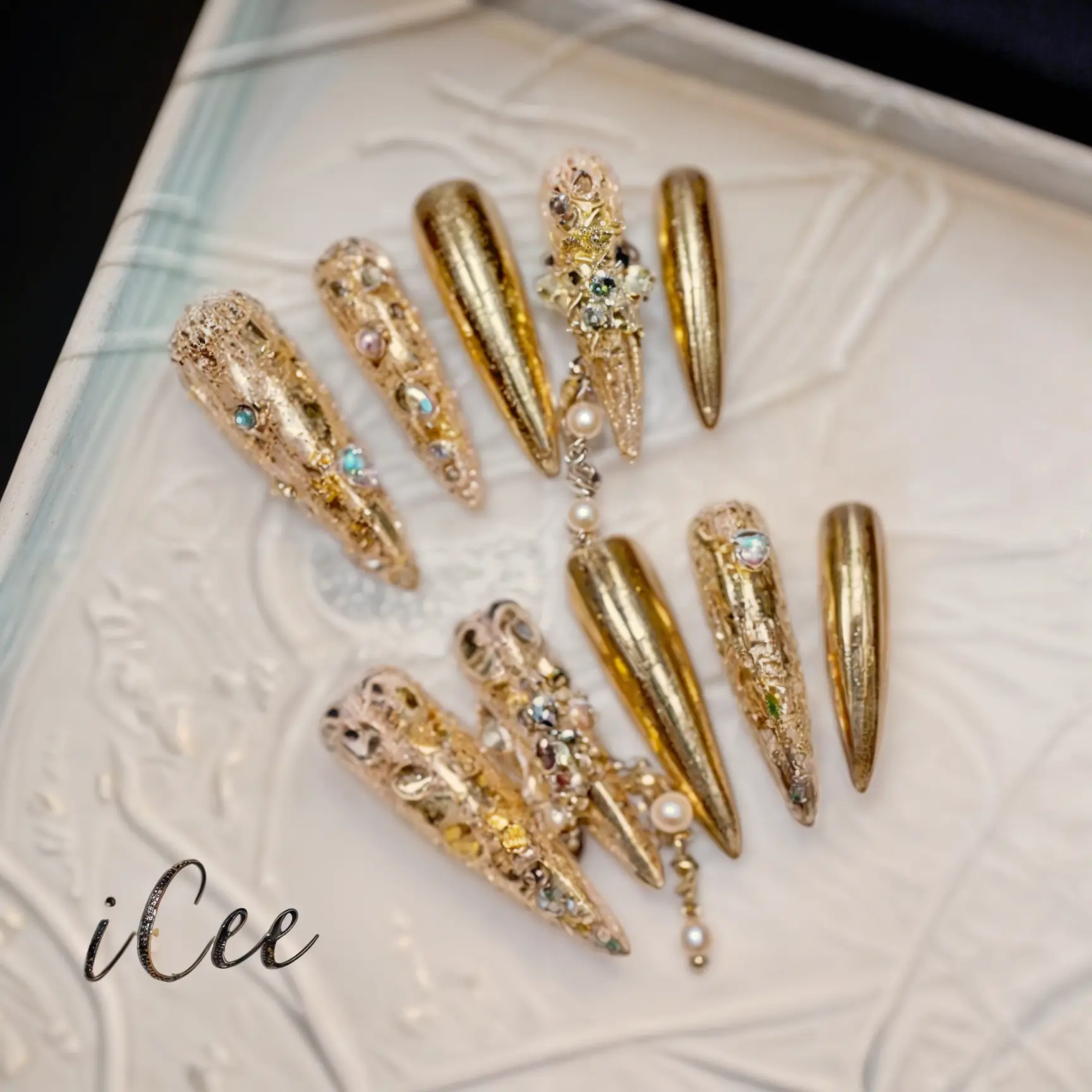 iCee Easter Deals Gift Royal Treasury: Pearl & Gold Stilettos Champagne Luxury shiny 3D Press on Nails kit, Parties Events Vintage, Removable DIY Acrylic Nail Kit Professional Acrylic