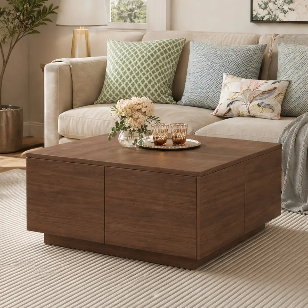 ARCH 33.25-Inch Square Farmhouse Wood Coffee Table, Walnut Finish Engineered Wood (Particle Board+MDF), 4 Drawers, Compact Living Room Center Table, 33.25x33.25x16.25 Inches, Single Box Delivery, Farmhouse Coffee Tables, Wood Coffee Tables